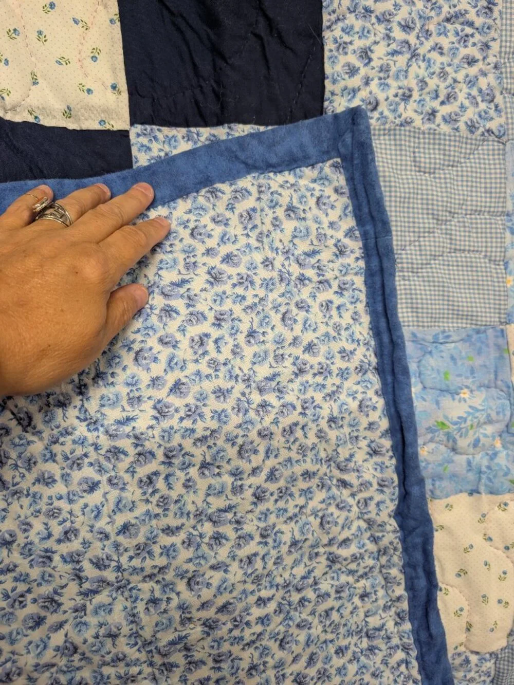 Handmade Blue Floral Patchwork Quilt - Vintage Throw